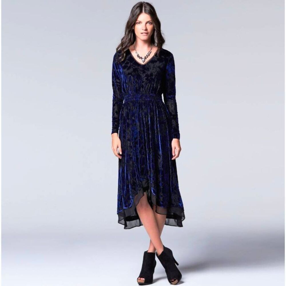 Simply Vera blue black velvet burnout stretch midi long sleeve hi lo dress M